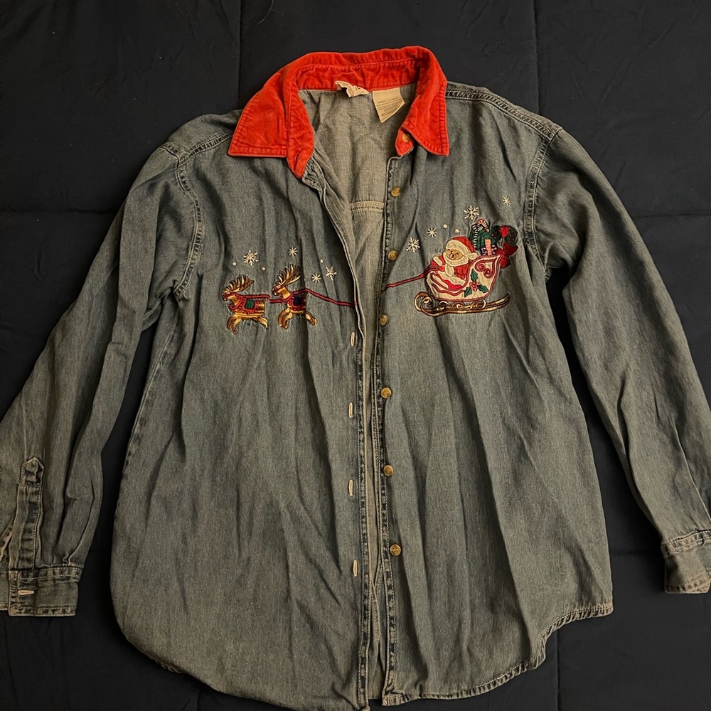 Christmas Denim Shirt with Santa Bear Embroidery